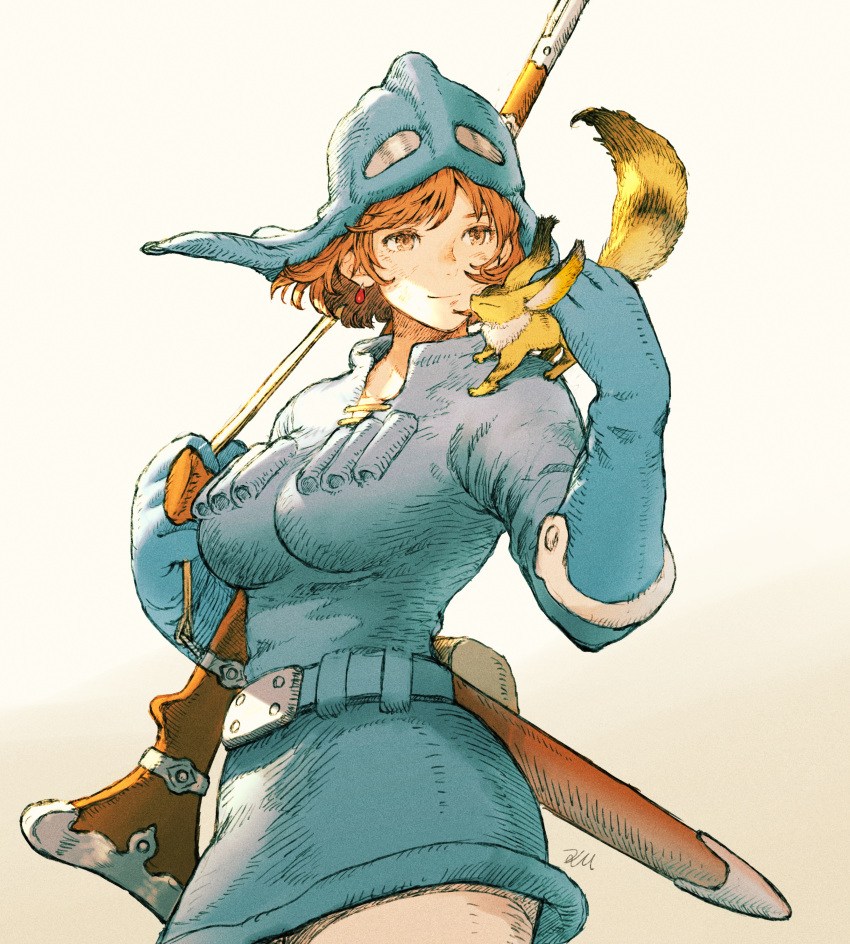 absurdres animal animal_on_shoulder bad_id bad_pixiv_id belt breasts brown_eyes brown_hair closed_mouth commentary cowboy_shot crosshatching drop_earrings earrings female gloves gun hatching_(texture) helmet highres jewelry kaze_no_tani_no_nausicaa kuroimori light_smile long_sleeves medium_breasts nausicaa rifle scabbard sheath short_hair signature simple_background sword teto_(nausicaa) upper_body weapon white_background