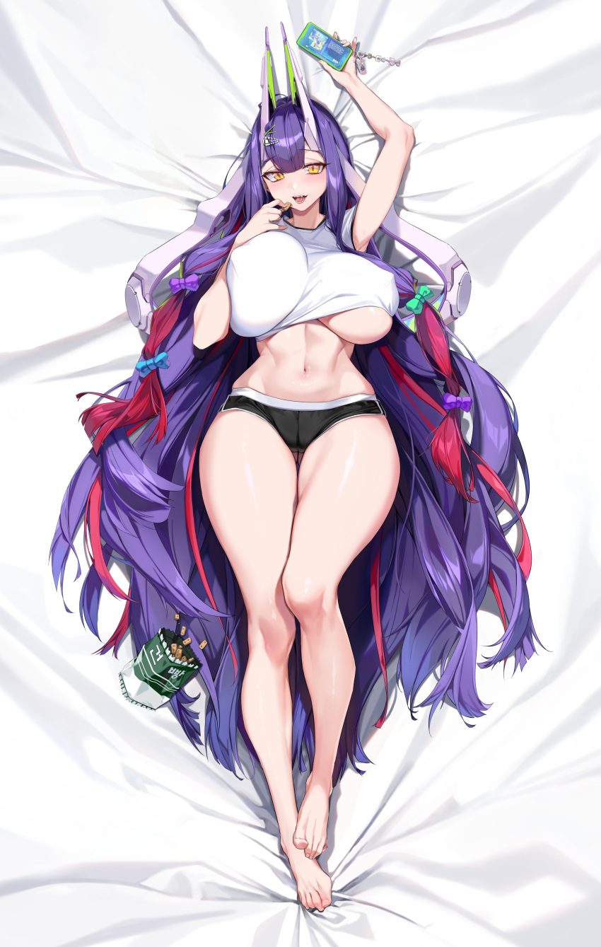 absurdres barefoot bed_sheet blush breasts covered_nipples dakimakura_(medium) echidna_(last_origin) feet female full_body hair_ornament hair_ribbon highres huge_breasts last_origin legs long_hair looking_at_viewer lying multicolored_hair official_alternate_costume official_art on_back open_mouth pinkmill purple_hair ribbon shiny_skin shirt slit_pupils smile solo t-shirt thick_thighs thighs toenails toes very_long_hair yellow_eyes