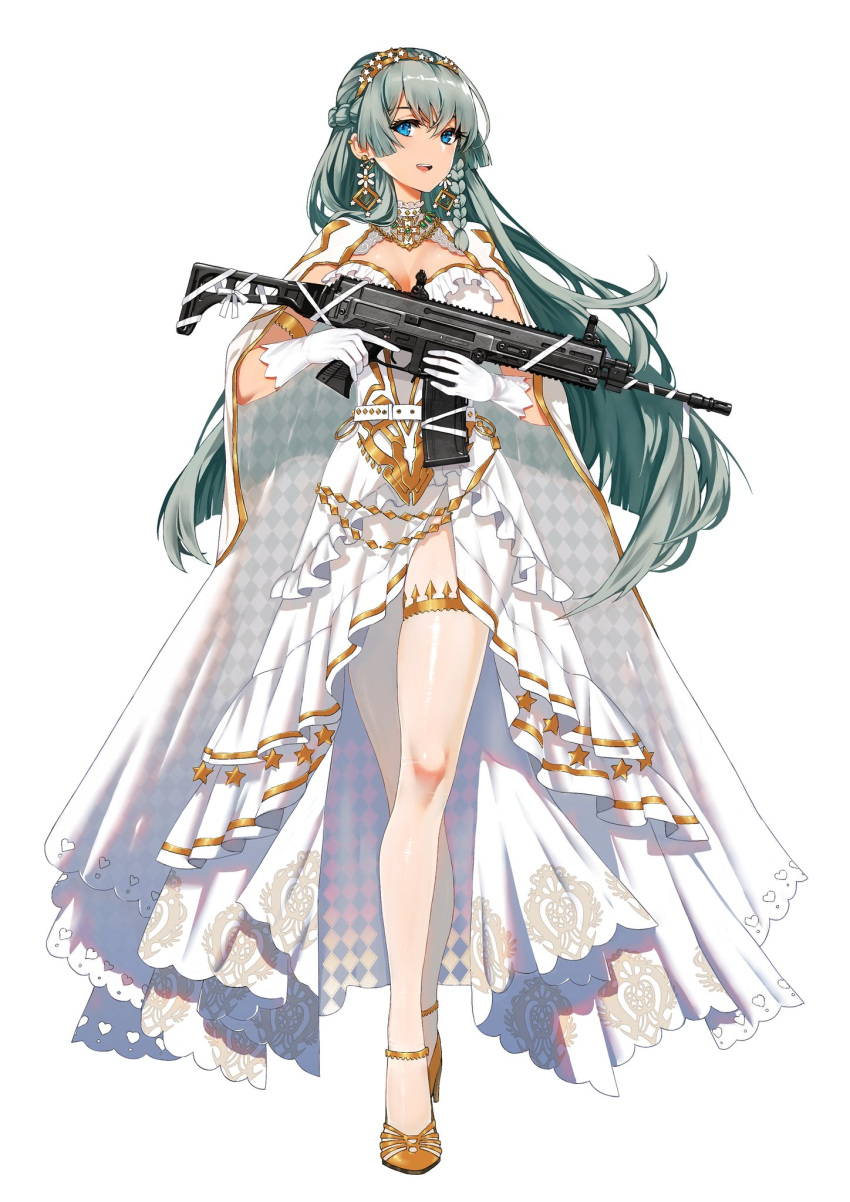 anklet aqua_hair argyle_cloak argyle_clothes assault_rifle blue_eyes braid breasts cleavage cloak commentary cz-805_(girls'_frontline) cz-805_(golden_memories)_(girls'_frontline) cz_805_bren diamond_(shape) dress earrings female flip-up_sight flower_earrings folding_stock french_braid full_body girls'_frontline gloves gun hairband heart heart_print high_heels highres holding holding_gun holding_weapon jewelry knees long_hair looking_at_viewer medium_breasts necklace official_alternate_costume official_art open_mouth orange_footwear orange_hairband pantyhose print_cloak print_dress rifle simple_background smile solo standing star_(symbol) teeth upper_teeth_only weapon white_background white_cloak white_dress white_gloves white_pantyhose zhuxiao517