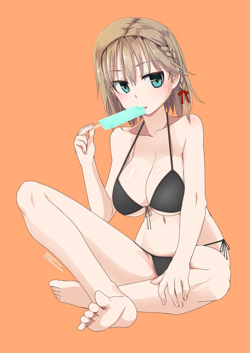 barefoot bikini black_bikini blue_eyes braid breasts female food front-tie_bikini_top front-tie_top highres large_breasts light_brown_hair looking_at_viewer orange_background original popsicle side-tie_bikini_bottom side_braid simple_background solo swimsuit tokihama_jirou