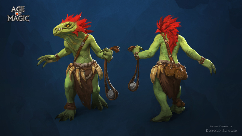 16:9 age_of_magic_(playkot) animal_skin ankle_band anthro bottomwear clothed clothing copyright daniil_kozlovsky green_body hair hi_res holding_object holding_weapon kobold loincloth looking_at_viewer male official_art playkot red_hair rock scalie sling_(weapon) solo teeth topless torak_(age_of_magic) tribal weapon widescreen wristband yellow_eyes