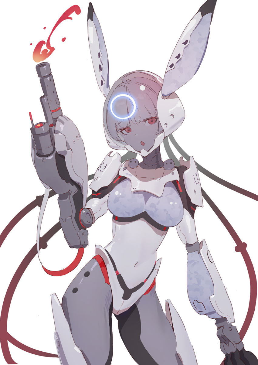 :o ahoge animal_ears arm_cannon armor bodysuit cable contrapposto covered_navel cyborg fake_animal_ears female flamethrower halo helmet highres huang_(volt0526) humanization joints mecha_musume mechanical_arms open_mouth punishing:_gray_raven rabbit_ears red_eyes robot_joints science_fiction shoulder_armor simple_background solo space_helmet weapon white_background white_hair