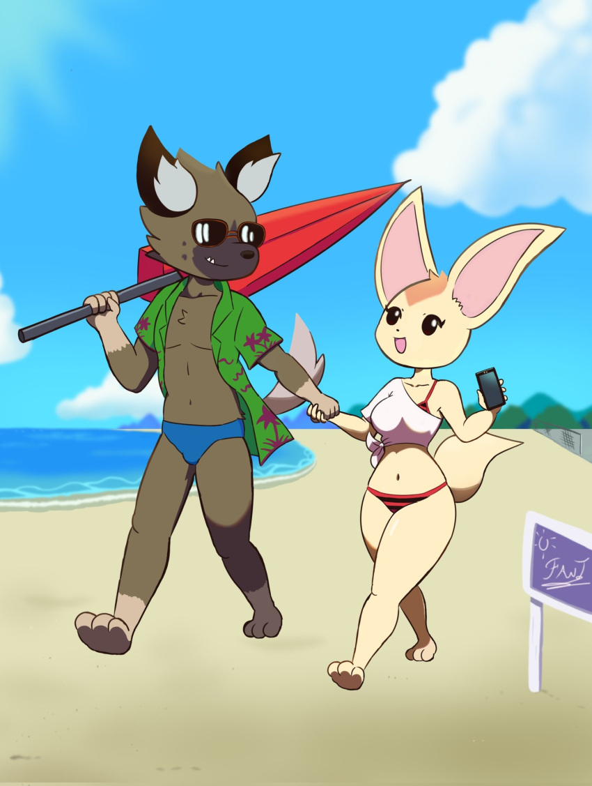 2022 3_toes 5_fingers aggretsuko aloha_shirt anthro beach beach_umbrella big_ears bikini black_ears blue_clothing blue_speedo blue_swimwear brown_body canid canine cheek_tuft chest_tuft clothed clothing cloud countershade_face countershade_feet countershade_hands countershading day detailed_background digital_media_(artwork) duo electronics eye_contact eyeliner eyewear facial_tuft fantharubi feet female fennec_fox fenneko fingers fluffy fluffy_tail fox fur glistening glistening_eyes green_clothing green_shirt green_topwear grey_body grey_countershading grey_tail haida_(aggretsuko) hand_holding head_tuft head_turned hi_res holding_object holding_phone holding_umbrella hyena inner_ear_fluff looking_at_another looking_at_partner makeup male male/female mammal markings midriff multicolored_body multicolored_clothing multicolored_fur navel net open_clothing open_mouth open_shirt open_topwear outside parasol pattern_bikini pattern_clothing pattern_shirt pattern_swimwear pattern_topwear phone planted_sign romantic romantic_couple sand sanrio seaside sharp_teeth shirt sign signature size_difference sky speedo spots spotted_body spotted_fur spotted_hyena standing striped_bikini striped_clothing striped_swimwear stripes sun sunglasses swimwear tail tan_body teeth toes topwear true_fox tuft two_tone_body two_tone_clothing two_tone_fur umbrella underbite volleyball_net walking water wave white_clothing white_shirt white_topwear