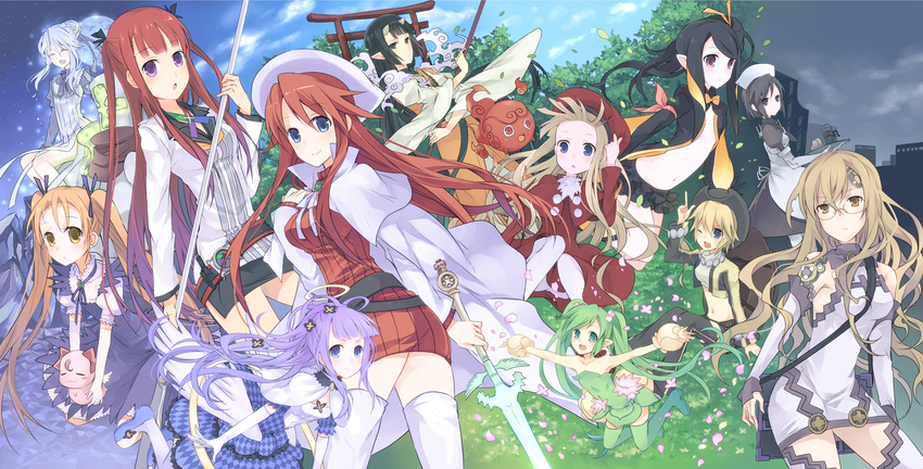 6+girls aliese_martini arca_(summon_night) ardylia aty_(summon_night) bare_shoulders belfraw_martini beret black_hair blonde_hair blue_eyes closed_eyes cloud commentary_request cunnon detached_sleeves dress elbow_gloves falier glasses gloves green_hair hair_bun hat light_purple_hair marurur midriff misumi_(summon_night) moon multiple_girls navel pariet petals pointy_ears purple_eyes red_hair single_hair_bun skirt sky sonolar spinel_(summon_night) staff summon_night summon_night_3 summon_night_5 suzushiro_kurumi sweater sweater_dress sword thighhighs torii tree twintails weapon