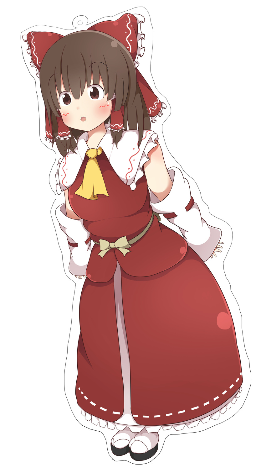 absurdres akabeco blush bow breasts brown_eyes brown_hair commentary_request cookie_(touhou) detached_sleeves female full_body hair_tubes hairbow hakurei_reimu highres kanna_(cookie) large_breasts looking_away parted_lips red_bow short_hair socks solo touhou white_socks