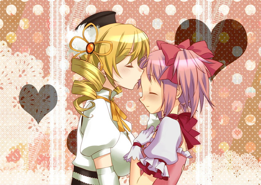 2girls beret blonde_hair blush bow breasts choker closed_eyes commentary_request dress drill_hair gloves hair_ornament hairbow hat heart highres kabane_(follabi) kaname_madoka kaname_madoka_(magical_girl) kissing kissing_forehead large_breasts magical_girl mahou_shoujo_madoka_magica mahou_shoujo_madoka_magica_(anime) multiple_girls pink_hair puffy_sleeves red_choker short_hair short_twintails smile tomoe_mami tomoe_mami_(magical_girl) twintails yuri