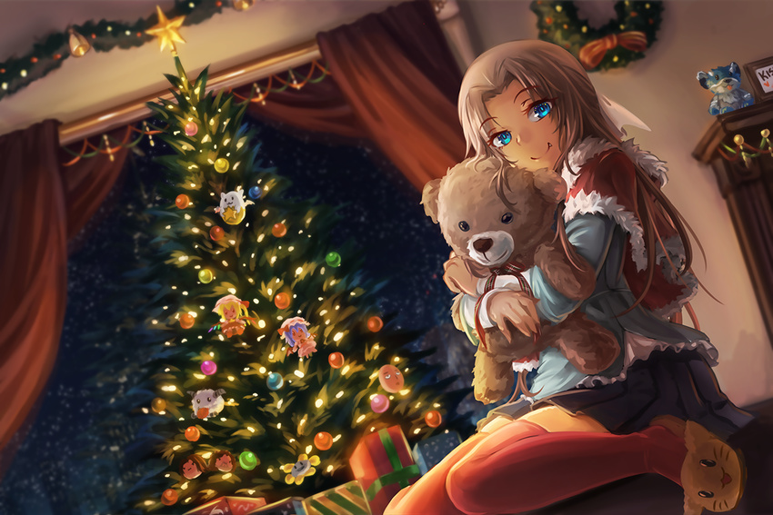 1boy animal_slippers arin_hanson bat_wings blonde_hair blue_eyes blush box capelet cat_slippers character_doll christmas_ornaments christmas_tree commentary_request crossover dan_avidan flandre_scarlet flowey_(undertale) freeze-ex game_grumps gift gift_box hugging_doll hugging_object league_of_legends looking_at_viewer male_focus merry_christmas multiple_crossover oerba_yun_fang one-punch_man original otoko_no_ko poro_(league_of_legends) puzzle_&_dragons red_thighhighs remilia_scarlet saitama_(one-punch_man) shirt sitting skirt slippers smile solo stuffed_animal stuffed_toy tamadra teddy_bear thighhighs touhou undertale wariza wings zettai_ryouiki