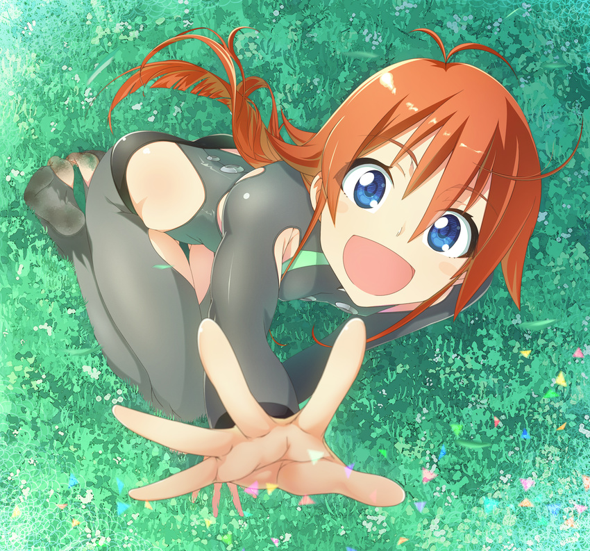 :d absurdres arm_up barefoot blue_eyes blush commentary_request dirty dirty_feet feet female flip_flappers from_above grass hands highres kneeling long_hair looking_up open_mouth orange_hair outstretched_arm outstretched_hand palms papika_(flip_flappers) photoshop_(medium) smile soles solo toeless_legwear toes urepito_honke