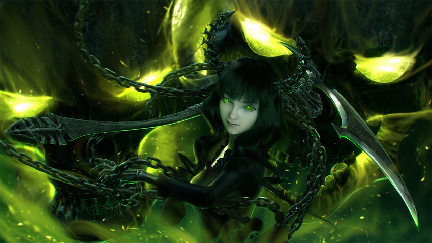 black_hair black_rock_shooter chains dark_background dead_master female fire glowing glowing_eyes green_eyes green_fire highres horns looking_at_viewer realistic scythe smile solo upper_body wen_jr