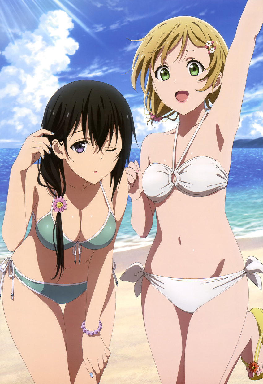 2girls :d ;o absurdres arm_up beach bikini black_hair blonde_hair breasts cleavage cloud day full_body green_eyes hair_ornament hairclip highres jamie_hazaford medium_breasts mole mole_under_eye multiple_girls non-web_source nyantype ocean official_art one_eye_closed open_mouth outdoors purple_eyes sandals scan shirogane_no_ishi_argevollen short_hair side-tie_bikini_bottom side_ponytail sky small_breasts smile suzushiro_saori swimsuit thigh_gap water