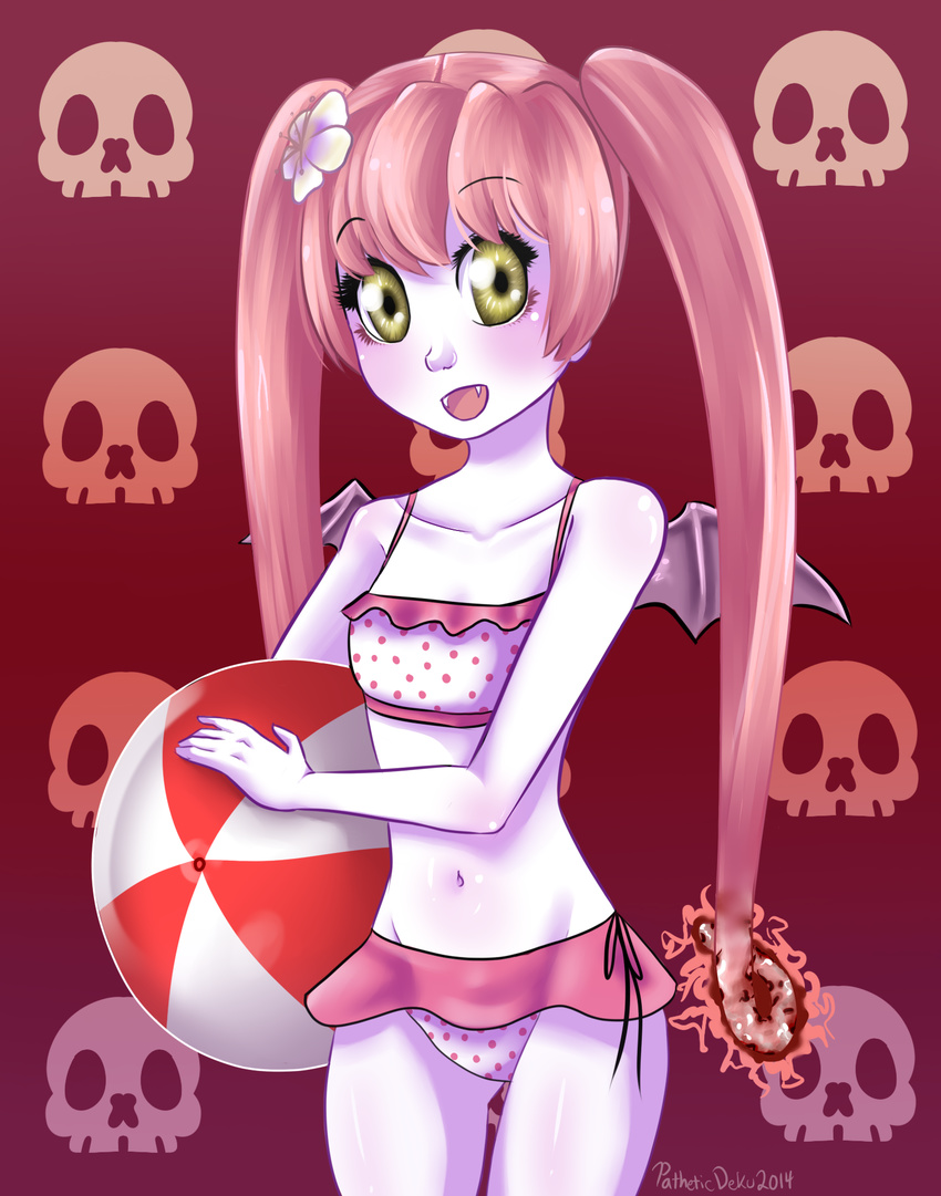 :d bad_deviantart_id bad_id ball beachball big_eyes bikini blush body_blush borrowed_character cowboy_shot dated demon_girl demon_wings doiduh_(pathetic_deku) ebola-chan eyelashes fangs female flat_chest flower frilled_bikini frills gradient_background hair_flower hair_ornament highres holding long_hair looking_at_viewer mini_wings narrow_waist navel open_mouth original pale_skin pink_bikini pink_hair polka_dot polka_dot_bikini red_background shiny_skin side-tie_bikini_bottom sidelocks signature skull smile solo standing swimsuit tankini twintails very_long_hair white_bikini wings yellow_eyes