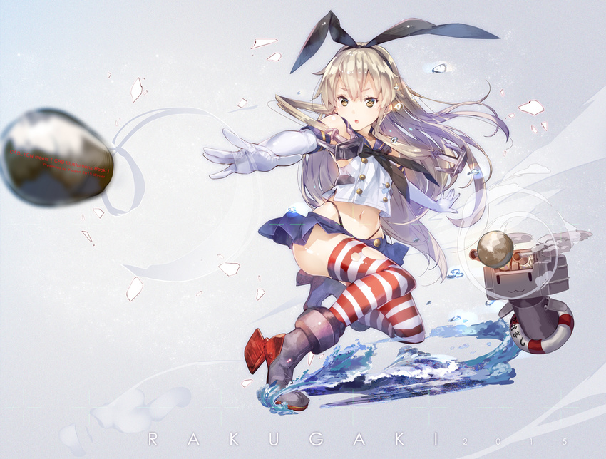 :o blonde_hair commentary_request crop_top crop_top_overhang elbow_gloves female firing gloves gradient_background green_eyes highleg highleg_panties kantai_collection kneeling lifebuoy long_hair midriff miniskirt navel outstretched_arms panties photoshop_(medium) projectile rensouhou-chan revision rudder_footwear sailor_collar school_uniform serafuku shimakaze_(kancolle) skirt swim_ring thighhighs thong torn_clothes torn_thighhighs underwear water yuugen