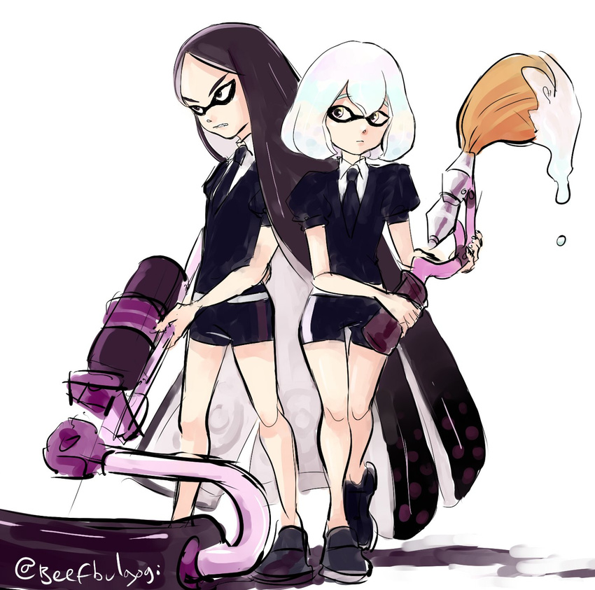 2others androgynous black_hair black_necktie black_shirt black_shorts bort commentary_request diamond_(houseki_no_kuni) gem_uniform_(houseki_no_kuni) highres houseki_no_kuni inkbrush_(splatoon) inkling inkling_player_character long_hair multiple_others necktie other_focus shirt short_hair short_sleeves shorts simple_background splat_roller_(splatoon) splatoon_(series) tentacle_hair thighs tofucakes uniform very_long_hair white_background white_hair