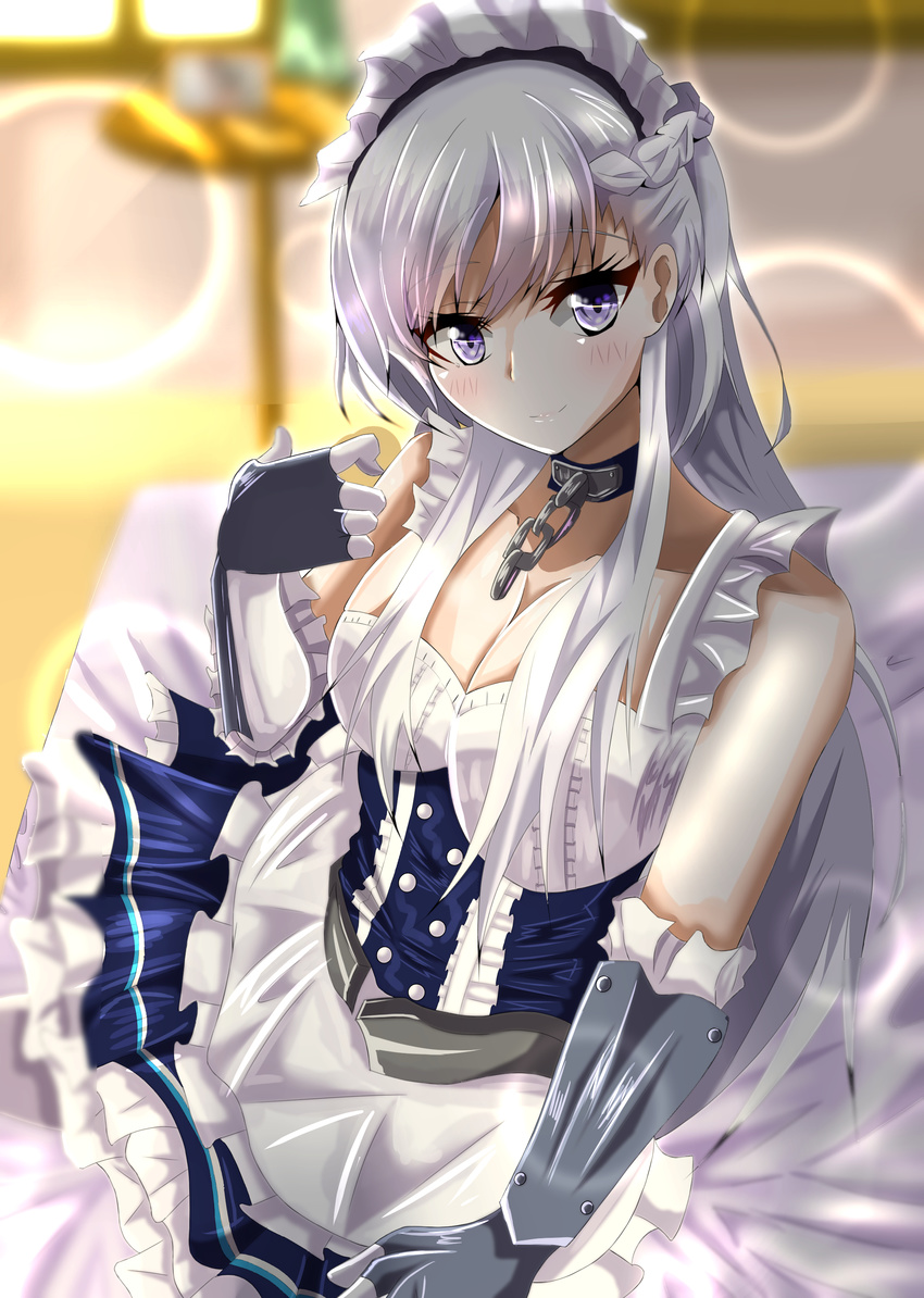 absurdres azur_lane belfast_(azur_lane) blush braid breasts chains cleavage collar collarbone commentary_request female french_braid gloves highres kuromi_(kuromityuntyun) large_breasts long_hair looking_at_viewer maid maid_headdress purple_eyes smile solo white_hair