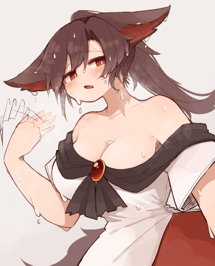 alternate_hairstyle animal_ears blush breasts brown_hair cleavage commentary_request cowboy_shot dress fanning_self female floppy_ears grey_background high_ponytail highres hot imaizumi_kagerou kaginoni large_breasts long_hair looking_at_viewer medium_bangs off-shoulder_dress off_shoulder open_mouth red_brooch red_skirt short_sleeves simple_background skirt solo sweat touhou white_dress wolf_ears wolf_girl