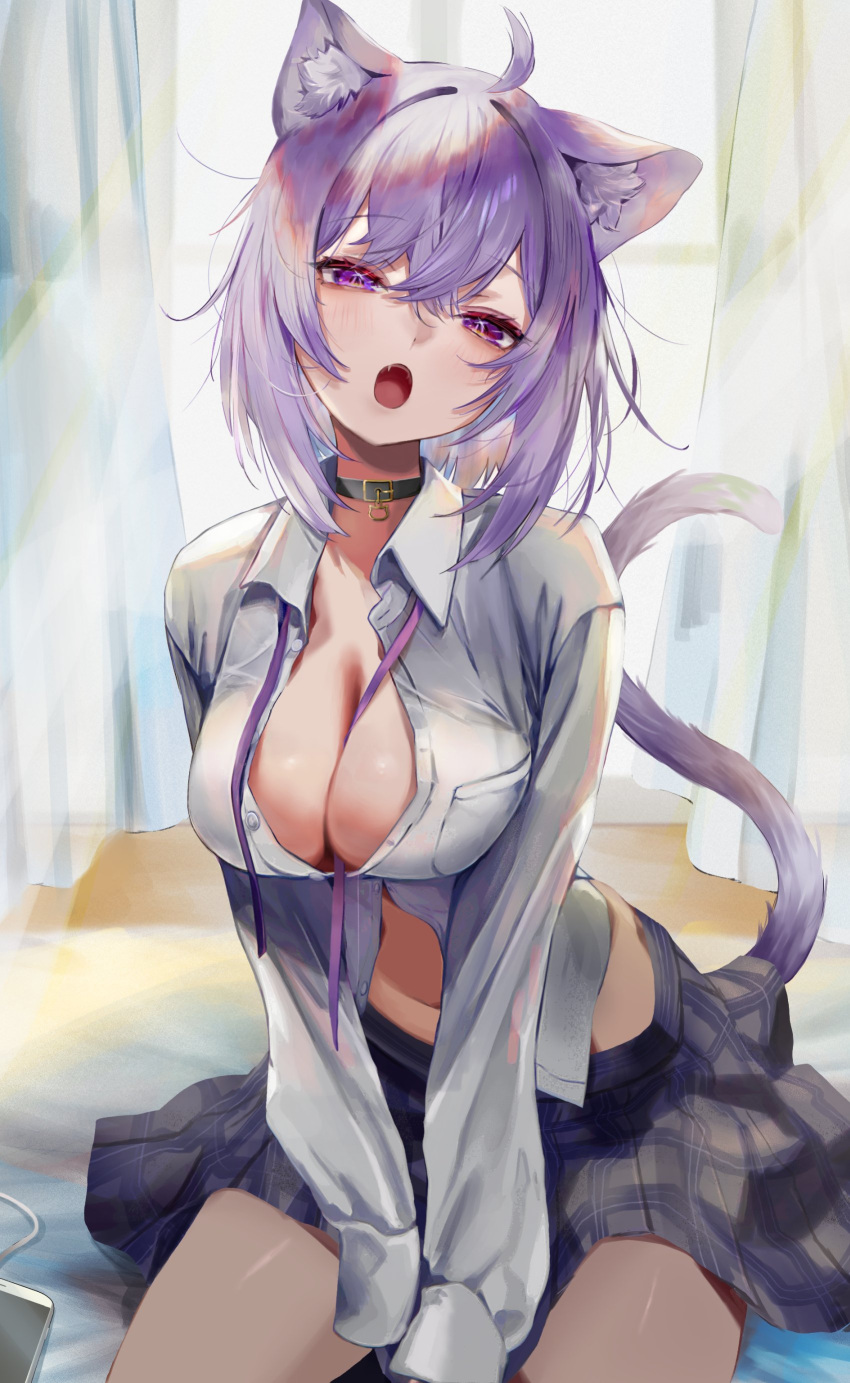 absurdres ahoge animal_ears black_choker breasts cat_ears cat_tail choker female furofuroppi highres hololive large_breasts looking_at_viewer medium_hair nekomata_okayu oerba_yun_fang open_mouth purple_eyes sitting skirt solo tail unbuttoned unbuttoned_shirt