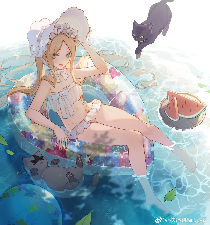 abigail_williams_(fate) abigail_williams_(swimsuit_foreigner)_(fate) abigail_williams_(swimsuit_foreigner)_(third_ascension)_(fate) absurdres ball bare_arms bare_legs bare_shoulders barefoot beachball bikini black_cat blonde_hair blue_eyes bonnet bow bow_choker chinese_commentary commentary_request eyes_visible_through_hair fate/grand_order fate_(series) feline female food frilled_bikini frilled_hairband frills fruit full_body hair_flowing_over hair_spread_out hairband hand_on_headwear hat hat_bow heart-shaped_innertube highres kotatsu_kaya leaf long_hair looking_at_viewer multicolored_innertube navel official_alternate_costume on_innertube open_mouth sitting smile soaking_feet solo star_(symbol) stomach straight_hair strapless strapless_bikini swimsuit twintails very_long_hair watermelon watermelon_slice white_bikini white_bonnet white_bow white_hairband