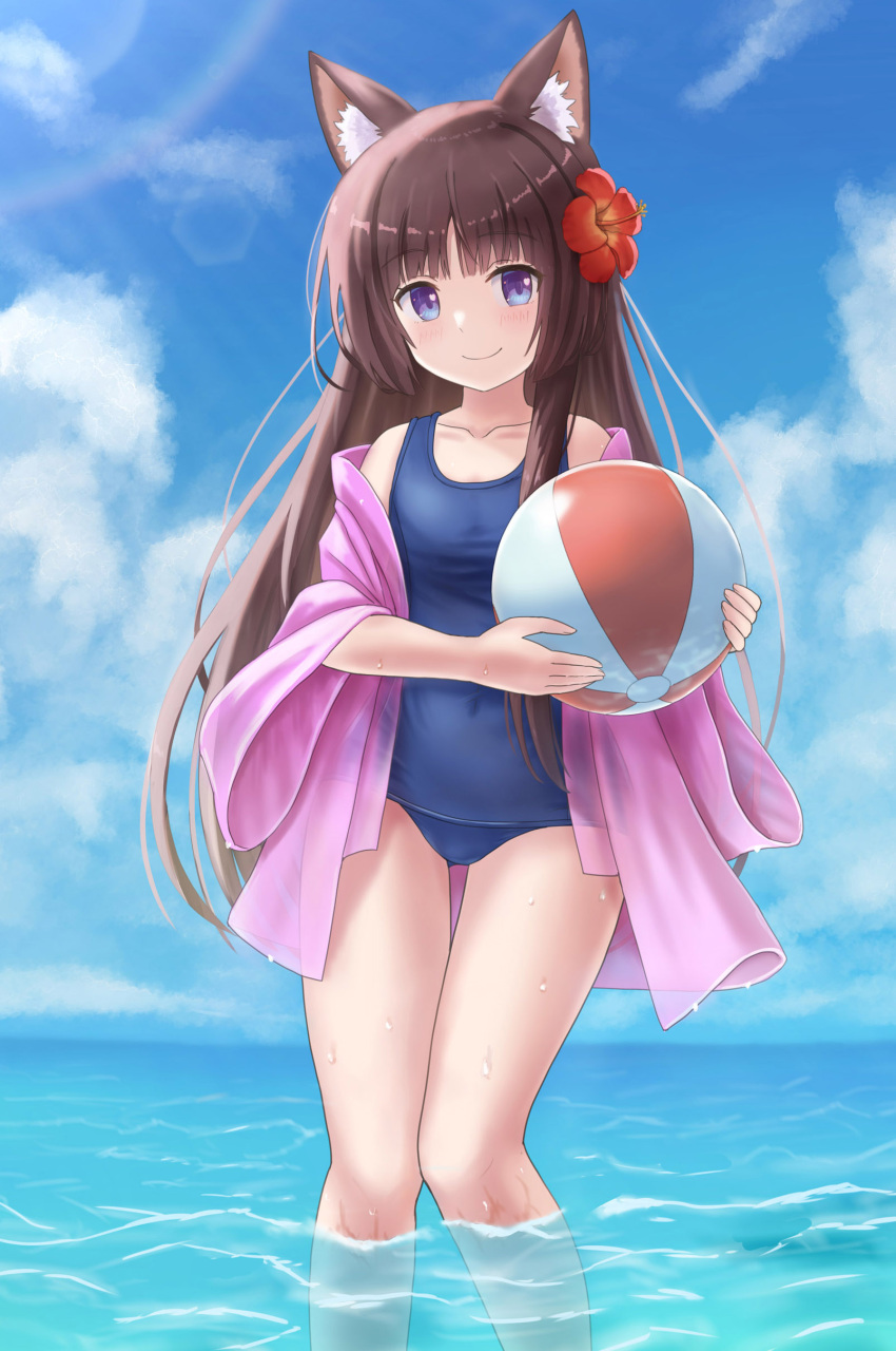 absurdres animal_ears ball bare_shoulders beachball blue_sky breasts brown_hair cat_ears closed_mouth cloud collarbone commentary_request covered_navel day female flower hair_flower hair_ornament hibiscus highres holding holding_ball horizon iroha_(iroha_matsurika) long_hair mutsuki_(iroha_(iroha_matsurika)) ocean original outdoors purple_eyes red_flower school_swimsuit sky small_breasts smile solo swimsuit swimsuit_under_clothes very_long_hair wading water