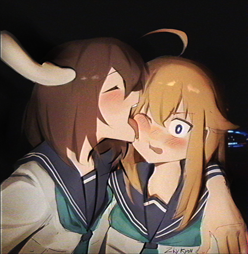 2girls ahoge antlers aqua_neckerchief arm_around_neck artist_name blonde_hair blue_sailor_collar blush breasts brown_hair closed_eyes commentary couple deer deer_antlers deer_girl film_grain hand_on_another's_shoulder highres horns hug koshi_torako licking licking_another's_face long_hair long_sleeves looking_at_another multiple_girls neckerchief open_mouth sailor_collar school_uniform serafuku shikanoko_noko shikanoko_nokonoko_koshitantan shirt spanish_commentary tongue tongue_out vhs_artifacts white_shirt yuri zhykyon