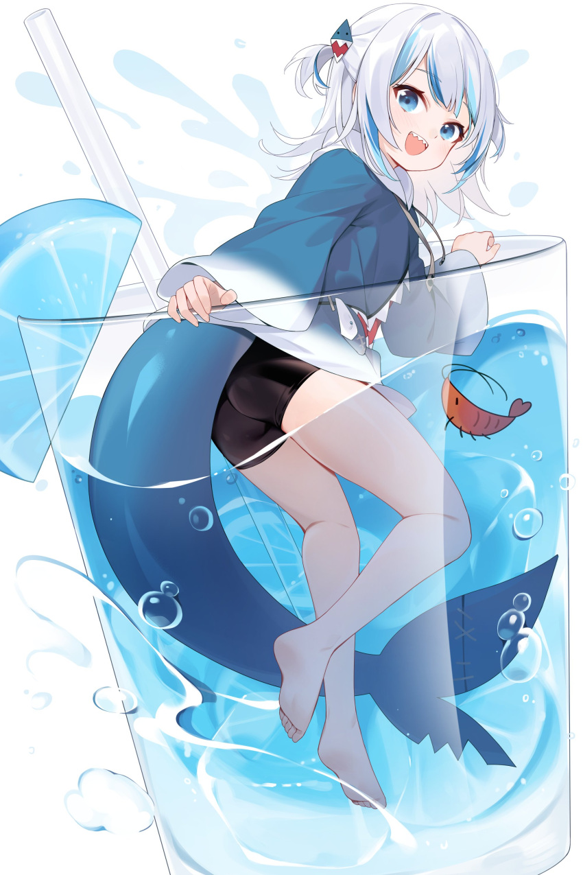 :d absurdres ass bare_legs barefoot black_shorts blue_eyes blue_hair blue_shirt blue_tail bubble cup drinking_straw feet female fins fish_tail full_body gawr_gura grey_hair hair_ornament highres hololive hololive_english in_container in_cup long_sleeves looking_at_viewer multicolored_hair open_mouth sankyaku_tako shark_tail sharp_teeth shirt short_shorts shorts smile soles solo tail teeth toes underwear variant_set virtual_youtuber water white_background wide_sleeves