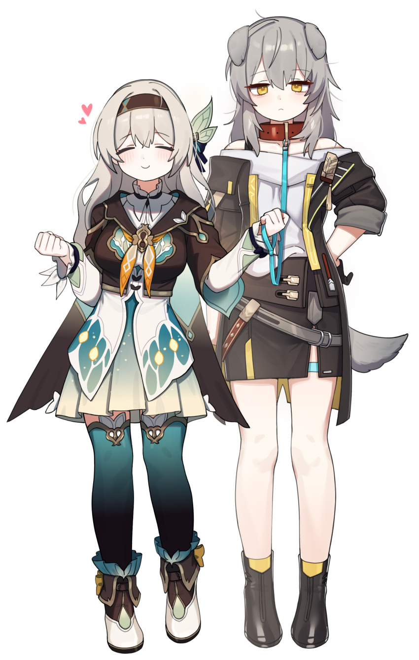 2girls ^_^ absurdres animal_ears aqua_thighhighs bare_shoulders belt black_gloves blush boots breasts clenched_hands closed_eyes collar dog_ears dog_tail firefly_(honkai:_star_rail) gloves grey_hair hair_ornament hairband hand_on_own_hip heart highres honkai:_star_rail honkai_(series) hufy jacket korean_commentary leash long_hair looking_at_viewer multiple_girls pleated_skirt simple_background skirt smile stelle_(honkai:_star_rail) tail thigh_strap thighhighs trailblazer_(honkai:_star_rail) white_background yellow_eyes