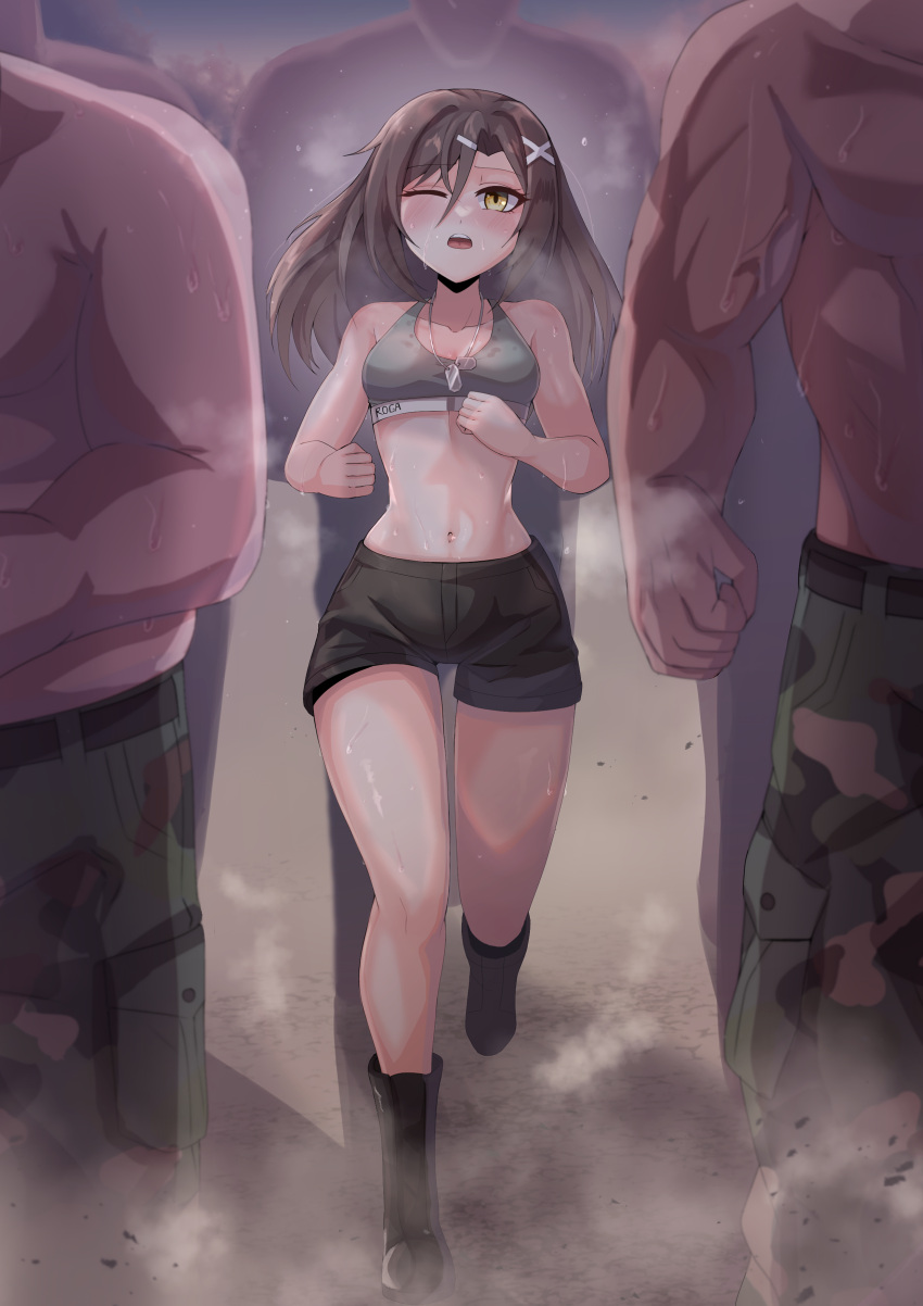 absurdres blush boots breasts brown_hair camouflage camouflage_pants christina_brecht collarbone counter:side dog_tags female floating_hair hair_between_eyes hair_ornament hairclip highres jogging long_hair multiple_boys muscular navel one_eye_closed open_mouth pants running shorts singwee small_breasts sports_bra steam steaming_body stomach sweat sweat_stain thighs x_hair_ornament yellow_eyes