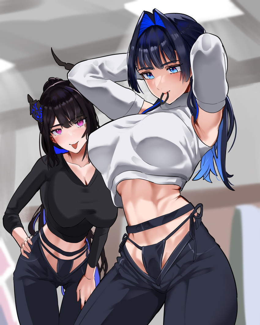 2girls absurdres alternate_costume arms_up asymmetrical_horns black_hair black_panties blue_eyes blue_hair breasts colored_inner_hair demon_horns detached_sleeves hair_intakes highres hololive hololive_english horns koizumi_arata large_breasts long_hair looking_at_viewer meme_attire midriff mole mole_under_eye mouth_hold multicolored_hair multiple_girls nerissa_ravencroft ouro_kronii panties purple_eyes side-tie_panties tongue tongue_out two-tone_hair underwear virtual_youtuber