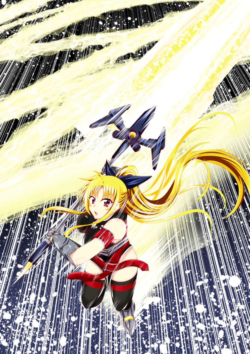 absurdres arm_belt armored_gloves bardiche_(nanoha) bardiche_(zanber_form)_(nanoha) belt blonde_hair dashing energy_sword fate_testarossa fate_testarossa_(true_sonic_form) female full_body highres holding holding_sword holding_weapon lyrical_nanoha magical_girl mahou_shoujo_lyrical_nanoha mahou_shoujo_lyrical_nanoha_a's mahou_shoujo_lyrical_nanoha_strikers mahou_shoujo_lyrical_nanoha_the_movie_2nd_a's ponytail red_belt red_eyes solo speed_lines sword thighhighs w00l_09 weapon