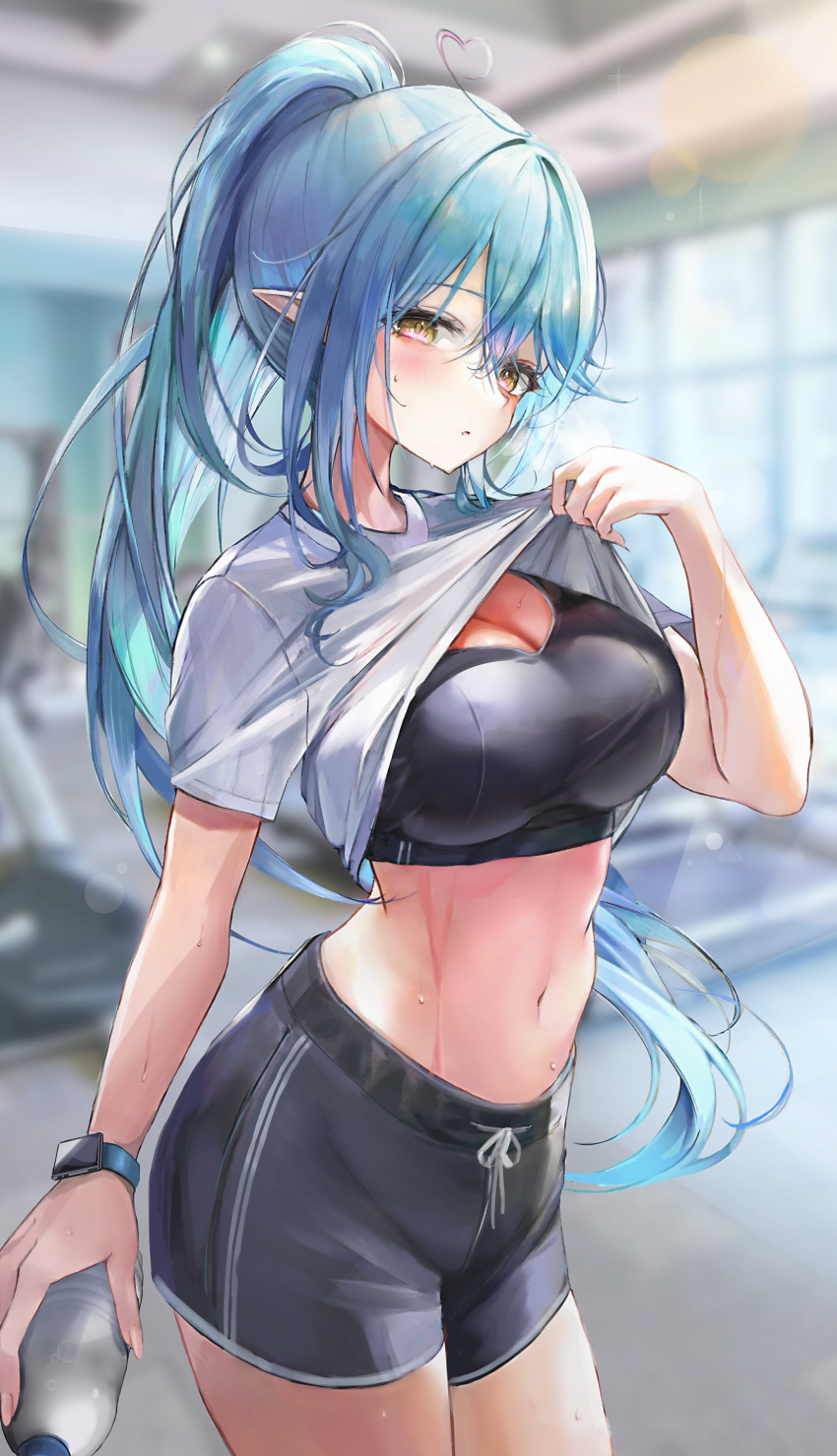 absurdres ahoge blue_hair bottle breasts female furofuroppi hair_between_eyes heart heart_ahoge high_ponytail highres holding holding_bottle hololive large_breasts navel solo sports_bra sportswear sweat yellow_eyes yukihana_lamy