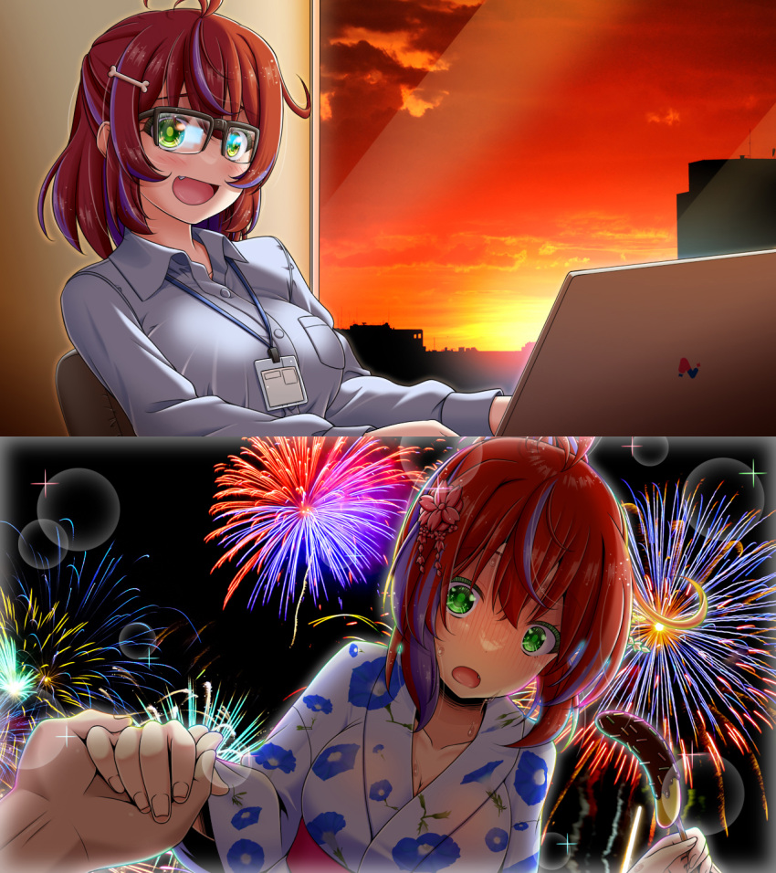 1boy :d aerial_fireworks akane_canna alternate_costume antenna_hair black-framed_eyewear blush bone_hair_ornament breasts chocolate_banana commentary_request computer female fireworks floral_print_kimono glasses green_eyes grey_shirt hair_ornament highres holding_hands japanese_clothes kimono lanyard laptop large_breasts looking_at_viewer medium_bangs miso_panda multicolored_hair nanashi_inc. oerba_yun_fang office_lady open_mouth over-rim_eyewear pov pov_hands purple_hair red_hair semi-rimless_eyewear shirt short_hair smile solo_focus streaked_hair sunset two-tone_hair upper_body virtual_youtuber white_kimono