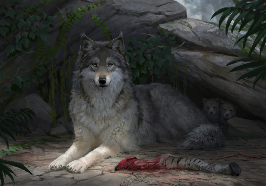 animal_focus blood cave commentary day english_commentary highres leaf leesha_hannigan looking_at_viewer no_humans original outdoors rock sitting solo_focus wolf wolf_cub yellow_eyes