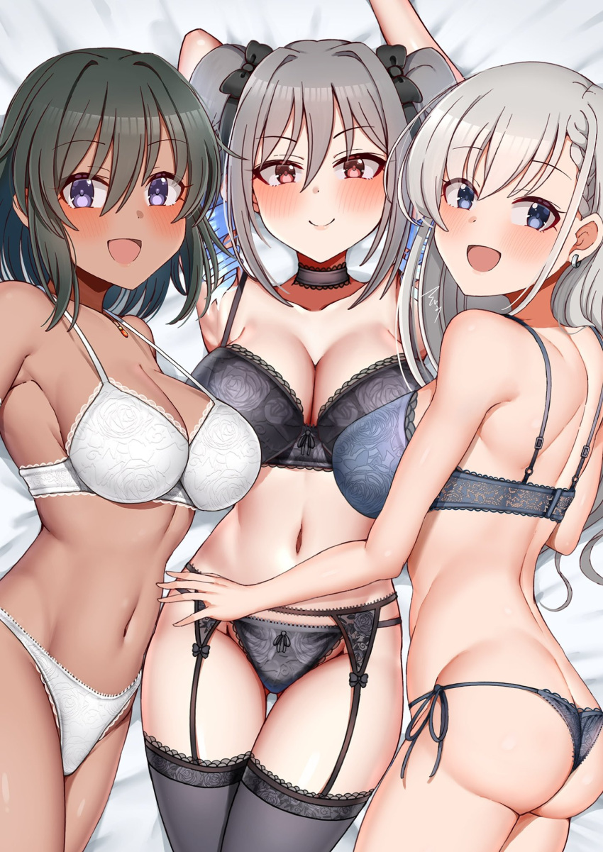 3girls ass bare_back bare_shoulders black_bra black_hair black_panties black_thighhighs blue_eyes blush bra braid breasts choker cleavage collarbone dark-skinned_female dark_skin drill_hair earrings garter_belt garter_straps grey_bra grey_hair grey_panties groin hair_ribbon highres hisakawa_hayate idolmaster idolmaster_cinderella_girls jewelry kanzaki_ranko lace-trimmed_choker lace_trim large_breasts lingerie long_hair looking_at_viewer lying mabanna multiple_girls natalia_(idolmaster) navel necklace open_mouth panties purple_eyes red_eyes ribbon short_hair smile thighhighs thighs twin_drills twintails underwear white_bra white_panties