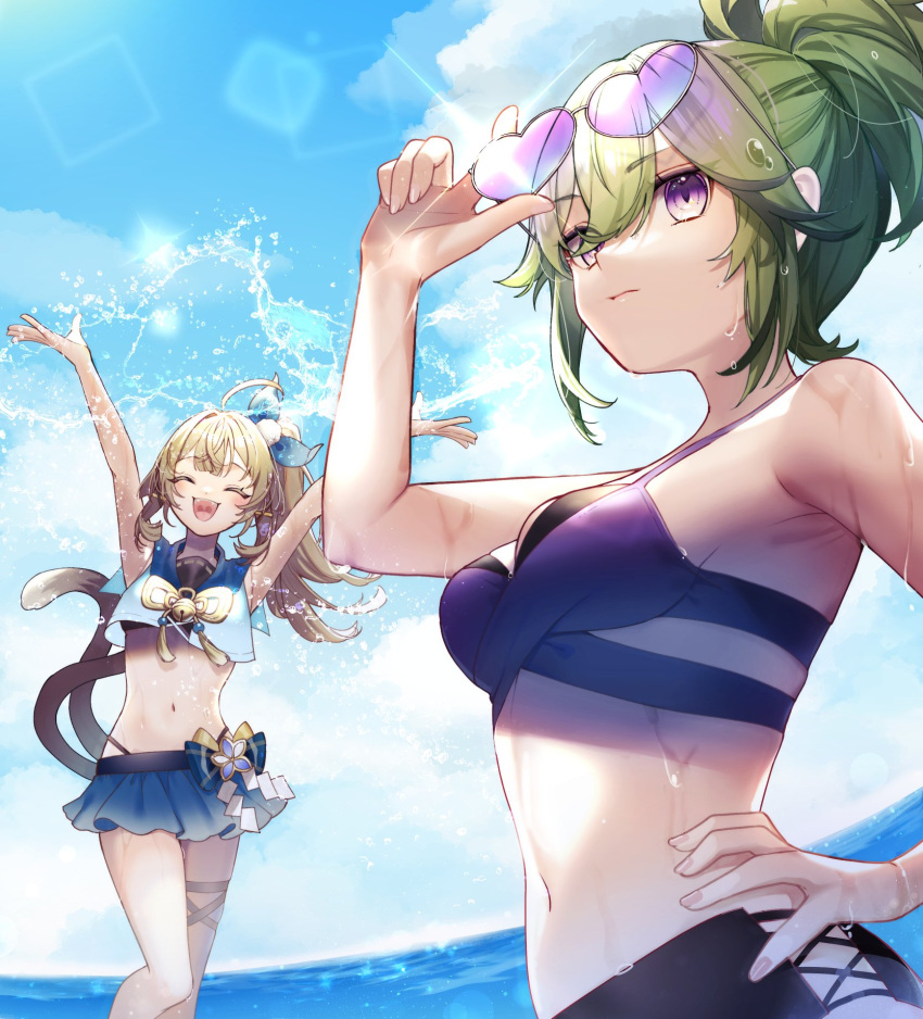 2girls :d ^_^ ahoge bikini bikini_skirt blonde_hair blue_sky cat_tail closed_eyes day eyewear_on_head feet_out_of_frame genshin_impact green_hair hand_on_own_hip hand_up highres kirara_(genshin_impact) kuki_shinobu miniskirt multiple_girls multiple_tails navel open_mouth ponytail purple_eyes rin_gotarou short_hair side_ponytail skirt sky smile standing stomach sunglasses swimsuit tail two_tails