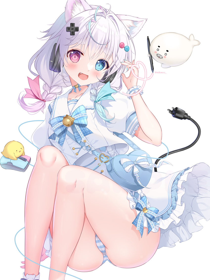 :d ahoge animal_ear_fluff animal_ears aqua_hair arm_at_side bell blue_bow blue_eyes blue_nails blush blush_stickers bow braid button_hair_ornament cable cameltoe cat_ears cat_girl colored_eyelashes commentary computer_mouse electric_plug eyelashes feet_out_of_frame female frilled_shirt_collar frilled_skirt frilled_wrist_cuffs frills gradient_hair hair_between_eyes hand_up happy headphones heart heart_ahoge heart_of_string heart_pouch heterochromia high-waist_skirt highres jingle_bell knees_up legs_together long_hair looking_at_viewer mikeou multicolored_hair nail_polish oerba_yun_fang open_mouth original panties pen pink_eyes pink_hair plaid_bow puffy_short_sleeves puffy_sleeves shirt short_eyebrows short_sleeves simple_background sitting skirt smile solo striped_clothes striped_panties thighs tinted_eyewear twin_braids twitter_username underwear white_background white_bow white_shirt wrist_cuffs