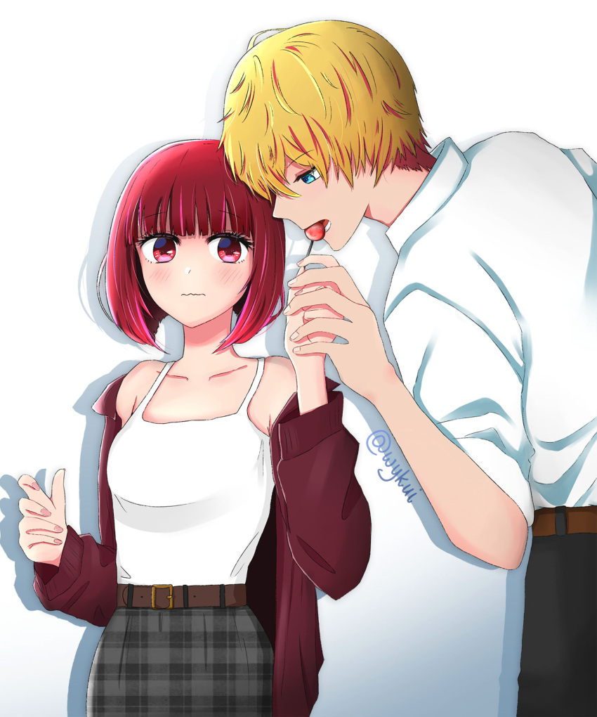 1boy arima_kana artist_name bare_shoulders belt belt_buckle blonde_hair blue_eyes bob_cut breasts brown_belt buckle camisole closed_mouth collarbone collared_shirt commentary couple curled_fingers dress_shirt drop_shadow embarrassed english_commentary eyelashes female food_in_mouth grey_skirt heads_together height_difference highres hoshino_aquamarine indirect_kiss inverted_bob jacket long_sleeves medium_breasts mixed-language_commentary off_shoulder open_clothes open_jacket open_mouth oshi_no_ko pink_nails plaid_clothes plaid_skirt red_eyes red_hair red_jacket sharing_food shirt short_hair short_sleeves signature simple_background skirt standing track_jacket twitter_username unmoving_pattern upper_body wavy_mouth white_background white_camisole white_shirt wykui