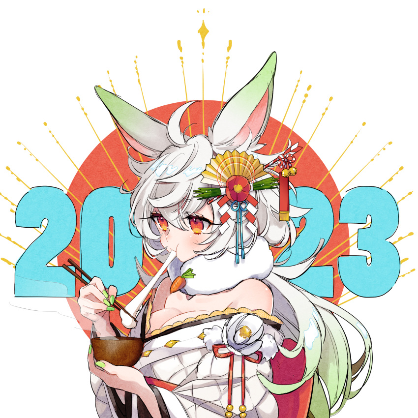 2023 animal_ears blush bowl breasts chinese_zodiac chopsticks eating enpera female food fur_collar green_hair hair_ornament hanae_ao highres holding holding_bowl holding_chopsticks japanese_clothes kanzashi kimono long_hair mochi mochi_trail multicolored_hair nail_polish new_year off_shoulder orange_eyes original rabbit_ears rabbit_girl solo white_hair year_of_the_rabbit zouni_soup