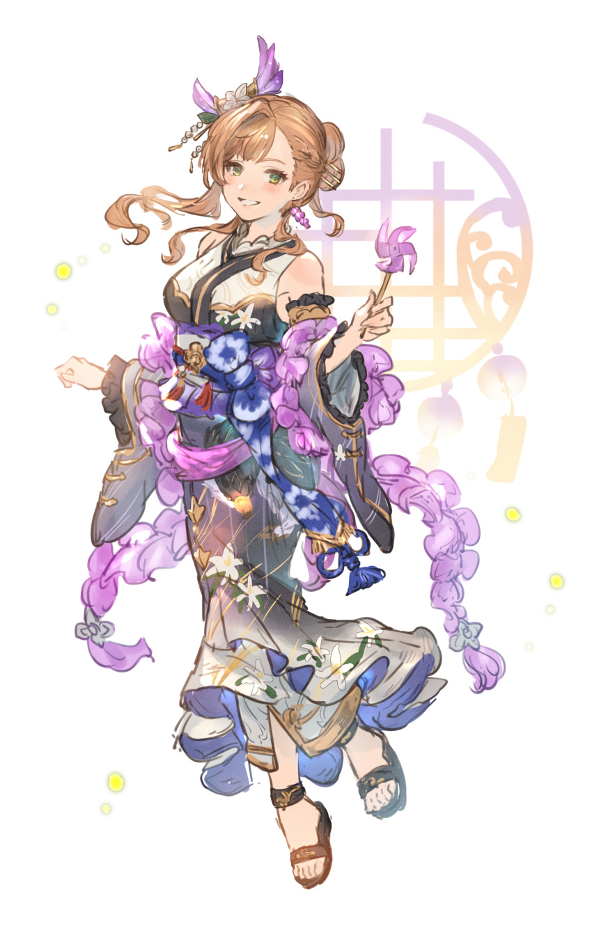 absurdres blush breasts brown_hair commentary_request detached_sleeves female full_body granblue_fantasy green_eyes highres japanese_clothes kimono long_hair looking_at_viewer medium_breasts ponytail sandals shimatani_azu sideboob sleeveless sleeveless_kimono smile solo toes tweyen_(granblue_fantasy) yukata