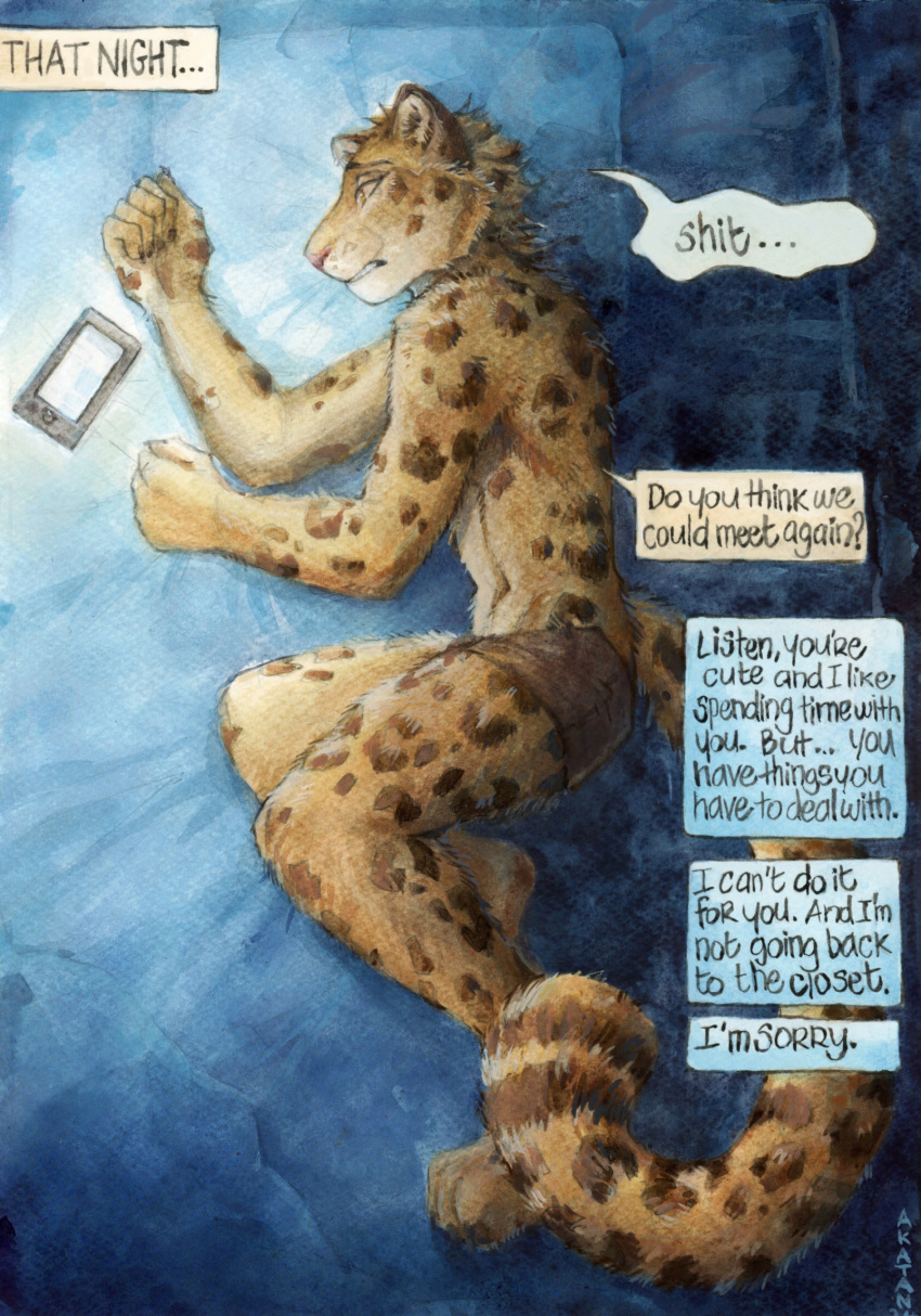 akatan_art anthro bad_ending bed big_tail clenching_sheets clothed clothing dialogue electronics felid furniture hi_res leopard lying male mammal on_side pantherine phone profanity rejection sad solo tail tan_body underwear underwear_only