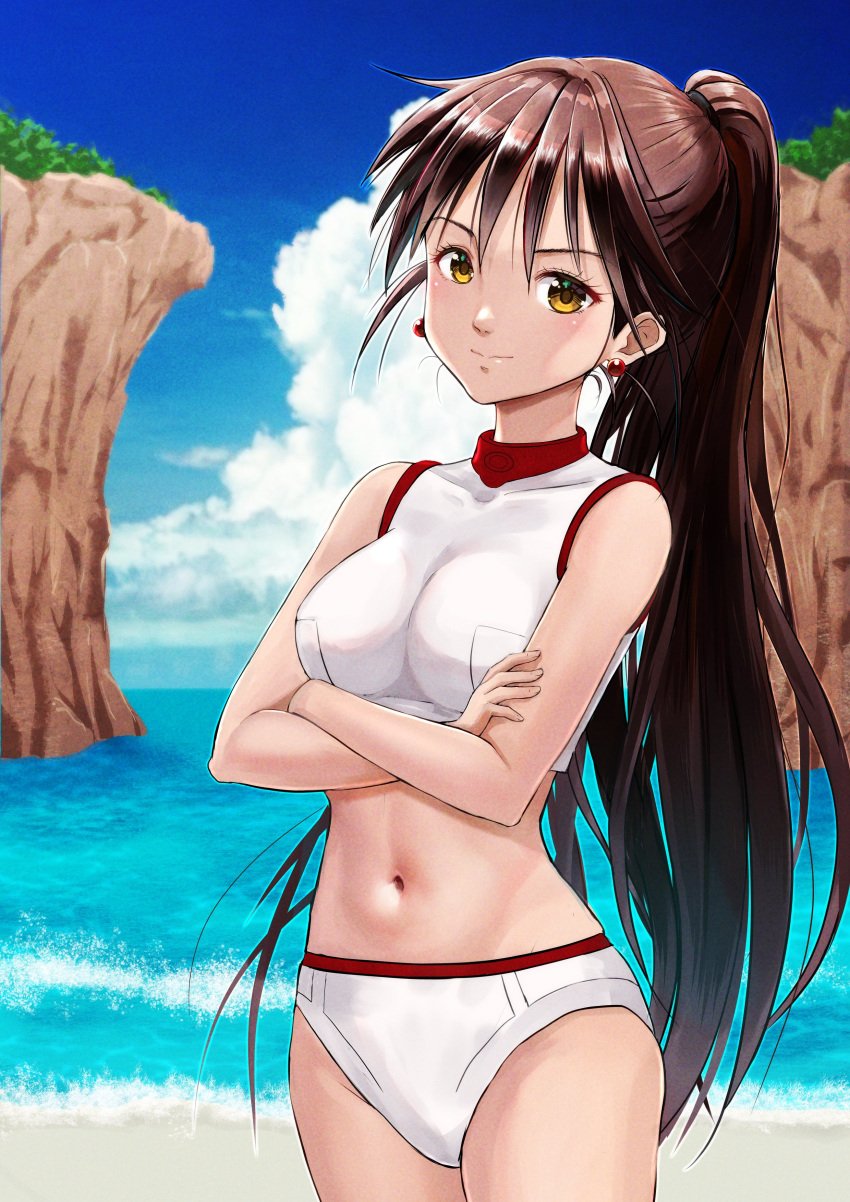 absurdres akira_ferrari aria_(manga) beach bikini blue_sky blush breasts brown_eyes brown_hair closed_mouth cloud cloudy_sky covered_collarbone cowboy_shot crossed_arms day earrings female hair_between_eyes highres impossible_clothes impossible_swimsuit jewelry long_hair looking_at_viewer medium_breasts navel ocean official_alternate_costume outdoors ponytail shadow sky smile solo stomach swimsuit telaform very_long_hair