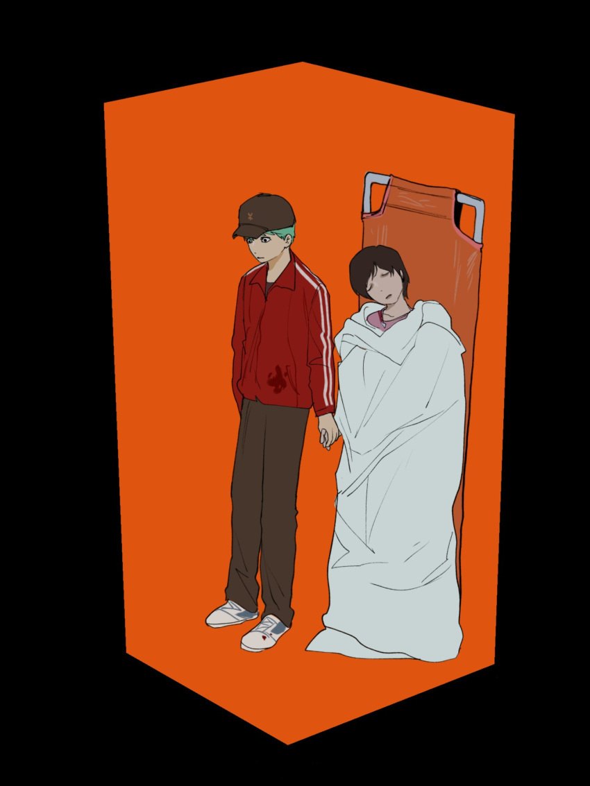 2boys baseball_cap black_background blood blood_on_clothes blood_on_shoes brown_hair capybeondegi closed_eyes commentary_request corpse full_body green_hair hat highres holding_hands implied_murder jacket korean_commentary male_focus multiple_boys orange_background original red_jacket short_hair standing stretcher under_covers very_short_hair