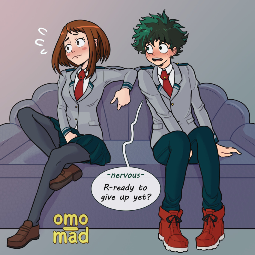 1boy1girl competitive_pee_holding contest couch deku my_hero_academia omo_mad omorashi pee_holding sitting sitting_on_couch uraraka_ochako uravity