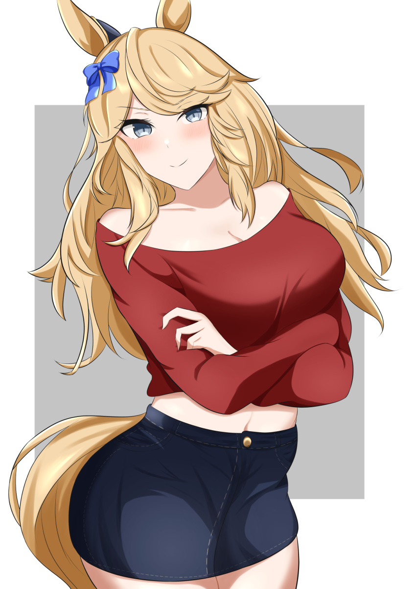 alternate_costume animal_ears arn7 bare_shoulders blonde_hair blue_bow blush bow breasts cleavage commentary_request cowboy_shot crop_top denim denim_skirt female gold_city_(umamusume) grey_eyes hairbow highres horse_ears horse_girl large_breasts long_hair long_sleeves looking_at_viewer midriff navel off-shoulder_shirt off_shoulder pencil_skirt red_shirt shirt skirt smile solo standing swept_bangs tail umamusume very_long_hair