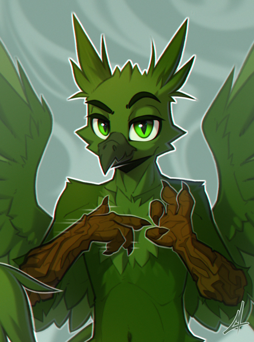 absurd_res anthro avian beak bird digital_drawing_(artwork) digital_media_(artwork) eyebrows feathers green_body green_eyes green_feathers gryphon half-length_portrait hasbro hi_res looking_at_viewer male midnightflight my_little_pony mythological_avian mythological_creature mythology portrait raised_eyebrows signature simple_background solo talon_hands wings