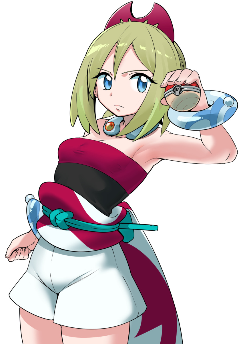 armpits blonde_hair blue_eyes bracelet breasts cleavage closed_mouth collar collarbone commentary cowboy_shot eyelashes female hairband hand_up highres holding holding_poke_ball irida_(pokemon) jewelry makino_harumaki neck_ring poke_ball poke_ball_(legends) pokemon pokemon_legends:_arceus red_hairband sash shorts solo waist_cape white_shorts