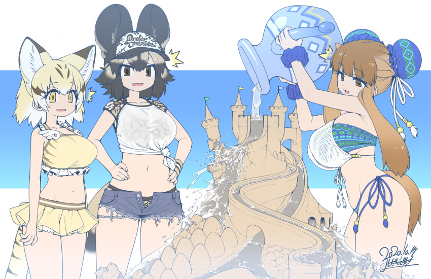 3girls ^^^ african_wild_dog_(kemono_friends) african_wild_dog_print alternate_breast_size alternate_costume animal_ears animal_print arms_at_sides arms_up bactrian_camel_(kemono_friends) bare_arms bare_shoulders baseball_cap bikini bikini_skirt black_hair blonde_hair breasts brown_eyes brown_hair bun_cover camel_ears camel_girl camel_tail cat_ears cat_girl cat_tail clothes_writing collarbone commentary_request contemporary cutoffs denim denim_shorts destruction dog_ears dog_girl dog_tail double_bun drawstring extra_ears frilled_bikini frills front-seamed_legwear front-tie_bikini_top front-tie_top grey_hair hair_bun halterneck hands_on_own_hips hat height_difference highres holding huge_breasts kemono_friends large_breasts light_brown_hair long_hair looking_at_another looking_at_object medium_breasts medium_hair micro_shorts midriff multicolored_hair multiple_girls navel open_clothes open_fly open_mouth open_shorts orange_eyes pocket pouring print_bikini print_swimsuit sand sand_castle sand_cat_(kemono_friends) sand_sculpture scrunchie seamed_legwear see-through shirt short_shorts shorts side-tie_bikini_bottom sidelocks sleeveless sleeveless_shirt smile standing stomach surprised swimsuit tail tareme tied_shirt unbuttoned unzipped v-shaped_eyebrows very_long_hair water white_hair wrist_scrunchie yoshida_hideyuki zipper