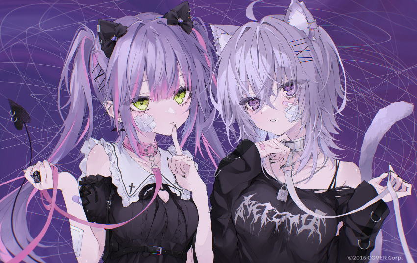 2girls absurdres ahoge animal_ears bad_id bad_pixiv_id bandaid bandaid_on_arm bandaid_on_face bare_shoulders black_nails breasts cat_ears cat_rubbing_(cevio) cat_tail collar collarbone commentary_request company_name demon_tail ear_piercing fingernails green_eyes hair_ornament hairclip highres hololive jewelry jirai_kei leash long_hair looking_at_viewer mashiro_shiki multicolored_hair multiple_girls nail_polish necklace nekomata_okayu official_alternate_costume official_art piercing pink_hair purple_background purple_eyes purple_hair tail tail_ornament tail_piercing tokoyami_towa twintails virtual_youtuber