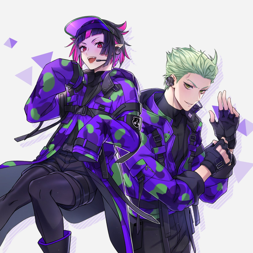 2boys black_hair commentary deretta diagonal_bangs green_eyes green_hair highres lilia_vanrouge male_focus multicolored_hair multiple_boys pale_skin pink_hair pointy_ears protected_link red_eyes sebek_zigvolt sleeves_past_wrists twisted_wonderland visor_cap