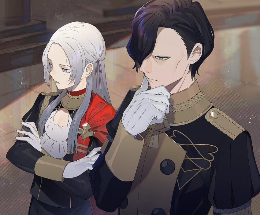 1boy black_hair cheekbones closed_mouth commentary_request crossed_arms edelgard_von_hresvelg epaulettes female fire_emblem fire_emblem:_three_houses garreg_mach_monastery_uniform gloves hair_over_one_eye hair_ribbon hubert_von_vestra kyufe long_hair long_sleeves parted_lips purple_eyes ribbon short_hair uniform white_gloves white_hair