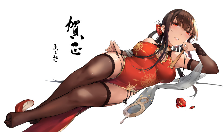 absurdres bare_shoulders black_thighhighs blunt_bangs blush bracelet braid breasts brown_hair china_dress chinese_clothes chinese_commentary cleavage clothes_between_thighs commentary_request dress dsr-50_(girls'_frontline) dsr-50_(red_peony)_(girls'_frontline) female full_body garter_straps girls'_frontline hair_ornament highres jewelry large_breasts long_hair looking_at_viewer lying new_year official_alternate_costume on_side open_mouth panties pulling red_dress red_eyes shoes side_slit sidelocks simple_background sleeveless sleeveless_dress smile solo string_panties thighhighs thighs underwear unworn_shoes white_background zen_juraku