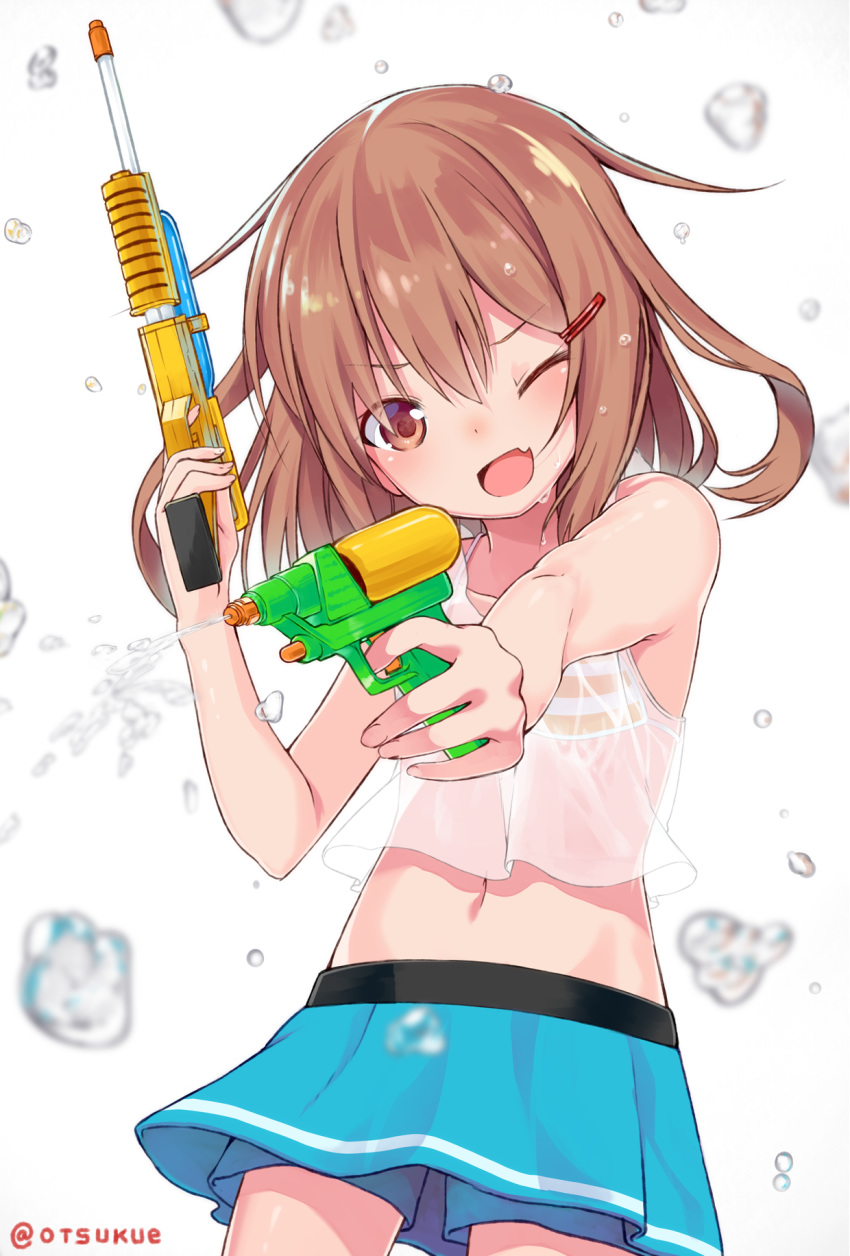 alternate_costume bikini bikini_under_clothes brown_eyes brown_hair dx_(dekusu) female hair_ornament hairclip highres ikazuchi_(kancolle) kantai_collection one_eye_closed short_hair shorts shorts_under_skirt simple_background solo swimsuit twitter_username water water_gun wet wet_clothes